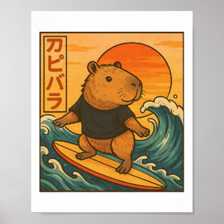 Póster Kawaii Capyra Great Wave Capy Surfing Japan Animat