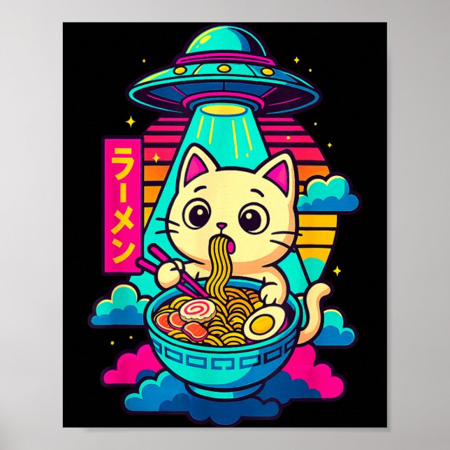 Póster Kawaii Cat Alien Ufo Ramen Graphic Tee Funny Japan (Frente)
