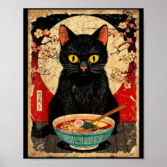Póster Kawaii Cat Eating Ramen Noodles Funny Anime Gift G (Frente)