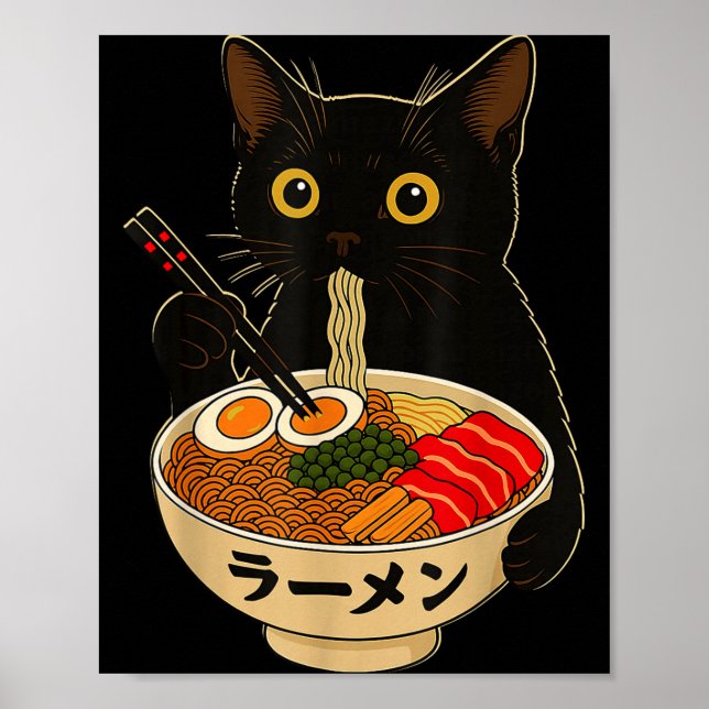 Póster Kawaii Cat Eating Ramen Noodles Funny Anime Gift G (Frente)