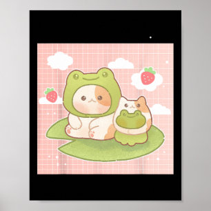 Póster Kawaii Cat Frog Strawberry Retro Cottagecore A