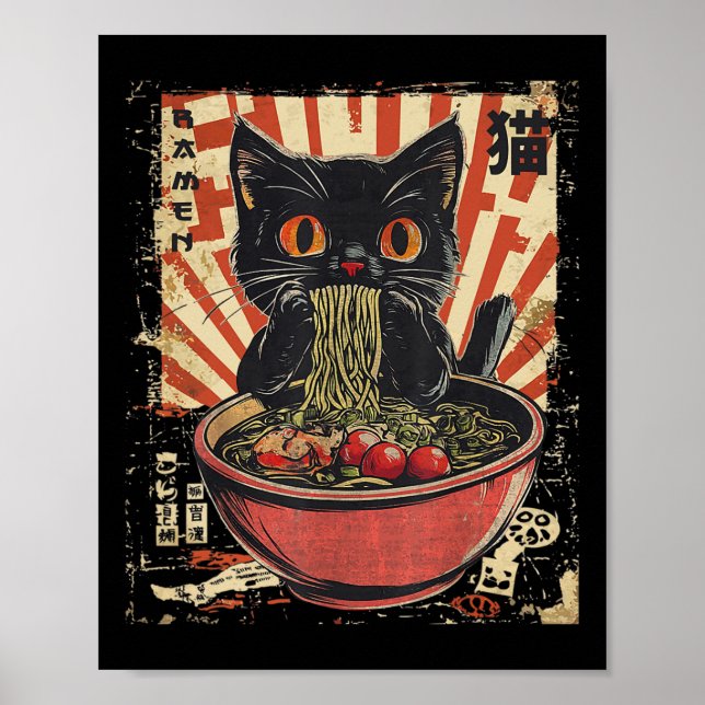 Póster Kawaii Cat Ramen Noodle Funny Manga anime japonesa (Frente)