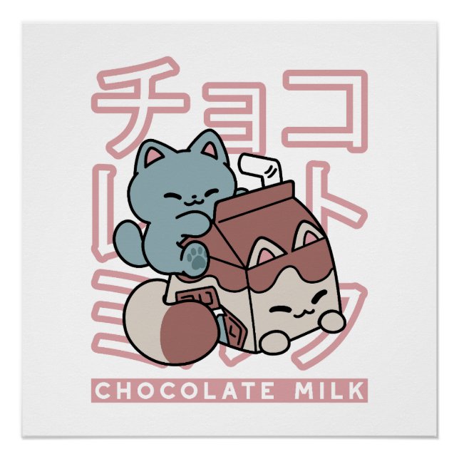 Póster Kawaii Cat with Chocolate Milk – Japanese Pop Art  (Anverso)