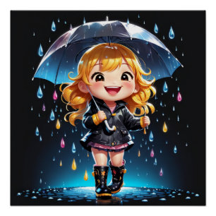 Póster Kawaii Chibi Chica en un alegre Día de Lluvia
