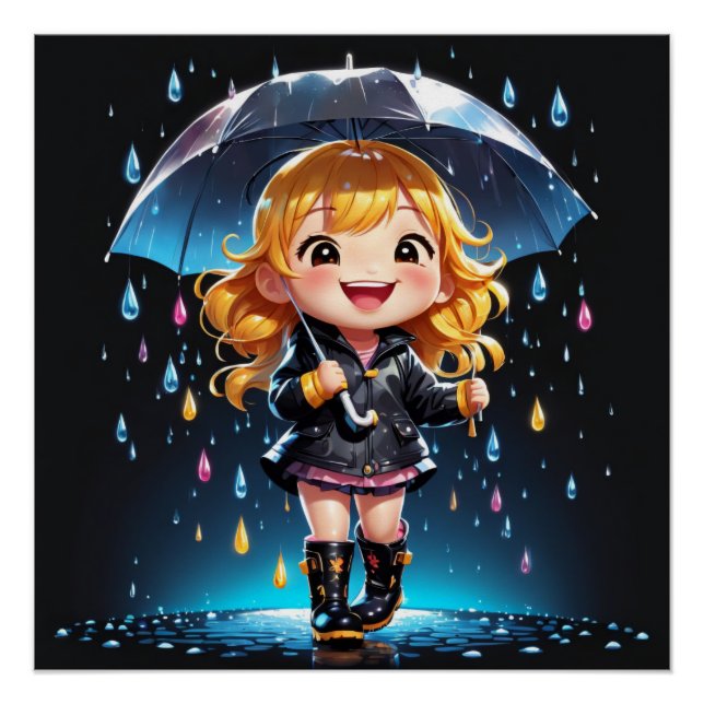 Póster Kawaii Chibi Chica en un alegre Día de Lluvia (Anverso)