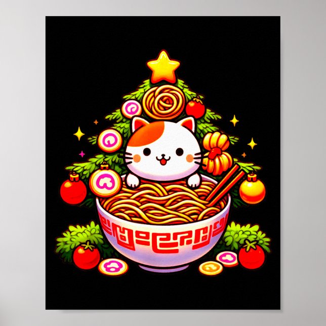 Póster Kawaii Christmas Cat Ramen Christmas Tree Holiday  (Frente)