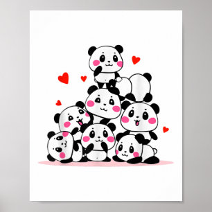 Póster Kawaii Cute Baby Panda Pile Con Valente De Corazón