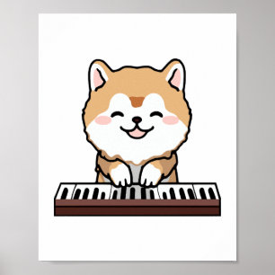 Póster Kawaii Cute Dog Jugando El Teclado Piano