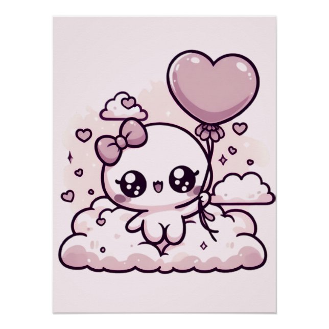 Póster Kawaii Cutie con un globo cardíaco (Anverso)