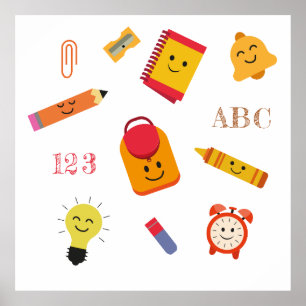 Póster Kawaii de vuelta a la escuela Suministros decorati