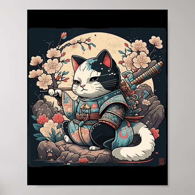 Póster Kawaii estilo japonés Samurai Cat Kitten Anime (Frente)