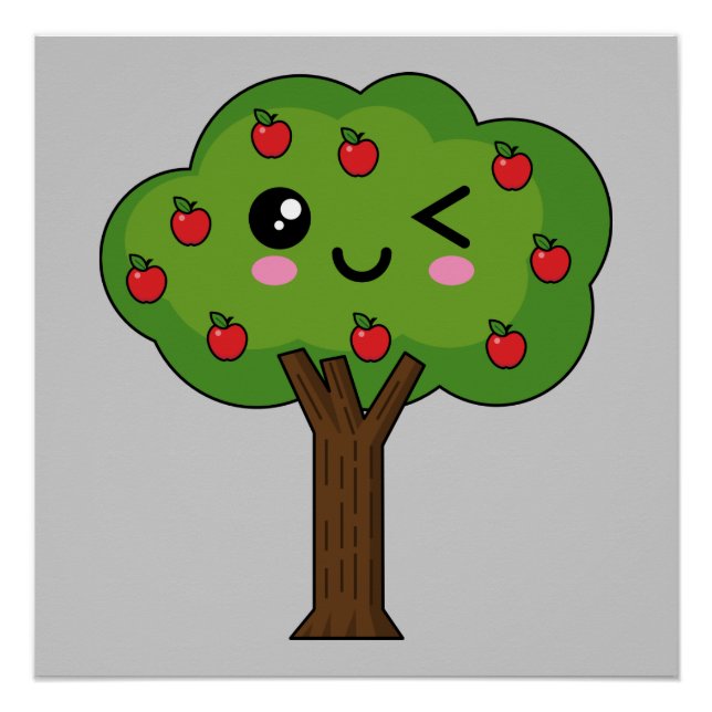Póster Kawaii feliz árbol de manzanas (Anverso)