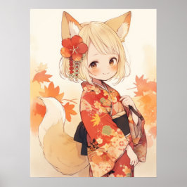 Póster Kawaii Fox con Kimono