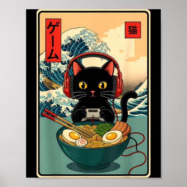 Póster Kawaii Gamer Cat Ramen Retro Japanese Funny Cat Ga (Frente)