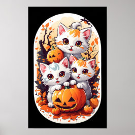 Póster Kawaii Gatitos jugando con una pequeña calabaza