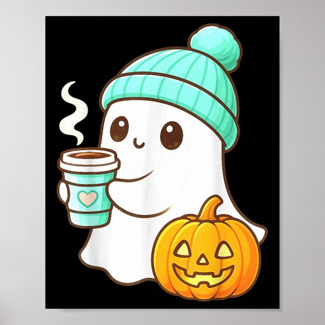 Póster Kawaii Ghost With Pumpkin Coffee Cozy Halloween Au (Frente)