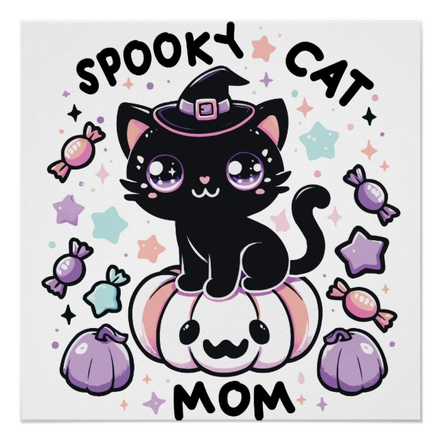 Póster Kawaii Halloween Cat – Cute Witch Kitty on Pumpkin (Anverso)