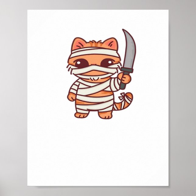 Póster Kawaii Halloween Mummy Cat con la espada Classic T (Frente)