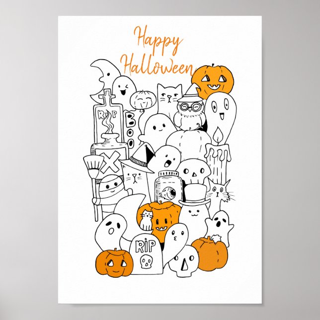Póster Kawaii Happy Halloween Doodle (Frente)