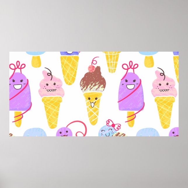 Póster Kawaii Ice Creams Pattern, Kawaii Character Ice Cr (Frente)