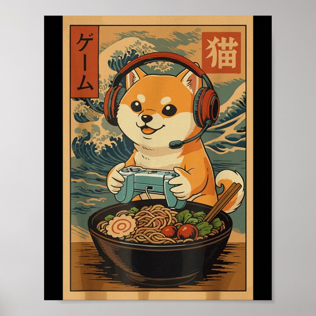 Póster Kawaii Japanese Ramen Dog Retro Gaming Shirts For  (Frente)