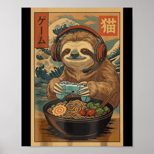 Póster Kawaii Japanese Ramen Sloth Retro Gaming Shirts Fo (Frente)