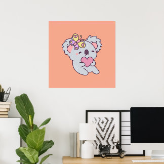 Póster Kawaii Koala with Heart and Butterfly