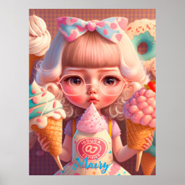 Póster Kawaii lindo chica con helados