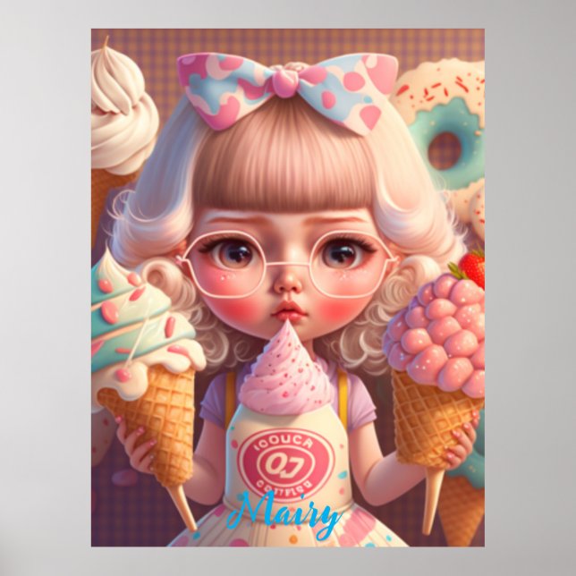 Póster Kawaii lindo chica con helados (Frente)