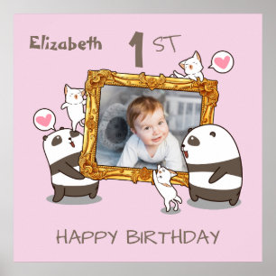 Póster Kawaii pandas and cats photo frame 1st birthday