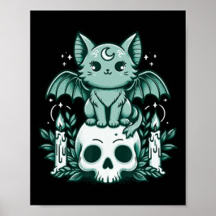 Póster Kawaii Pastel Gótico Cute Creepy Cat Bat Skeleton