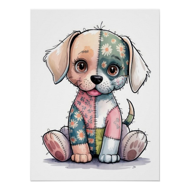 Póster Kawaii Patchwork Puppy | Creative Stitched Plush A (Anverso)