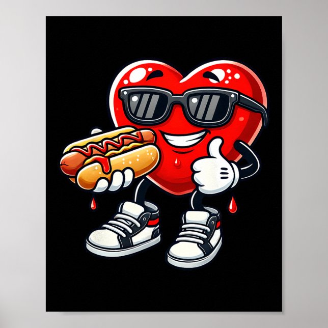 Póster Kawaii Perrito Caliente Comiendo Corazón Divertido (Frente)