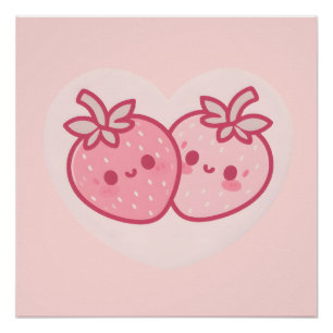 Póster Kawaii Pink Valentines Strawberries