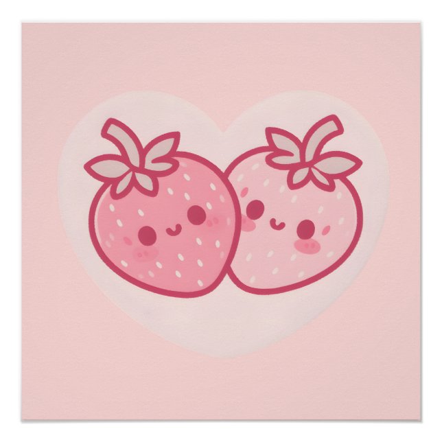 Póster Kawaii Pink Valentines Strawberries (Anverso)