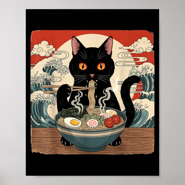 Póster Kawaii Ramen Cat Anime Japanese Noodles Food Wave  (Frente)
