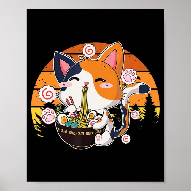 Póster Kawaii Ramen Cat Anime Japonés Neko Noodle Vi (Frente)