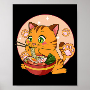 Póster Kawaii Ramen Cat Japonés Neko Noodle Anime Regalo 