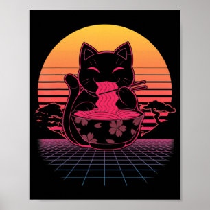 Póster Kawaii Ramen Neko Retro gato Anime de fideos japon