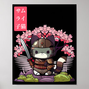 Póster Kawaii Samurái Gatito con Flor de Cerezo Japonesa