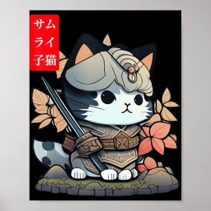 Póster Kawaii Samurai Guerrero Kawaii Gato Japonés Y