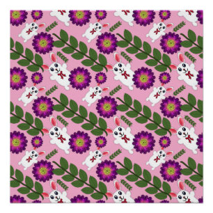 Póster Kawaii Spring Bunny: Floral Máxima Morada Vibrante