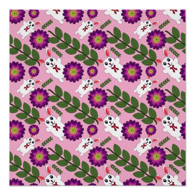Póster Kawaii Spring Bunny: Floral Máxima Morada Vibrante (Anverso)