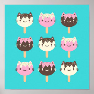 Póster Kawaii Summer Ice Lolly Popsicle Cats
