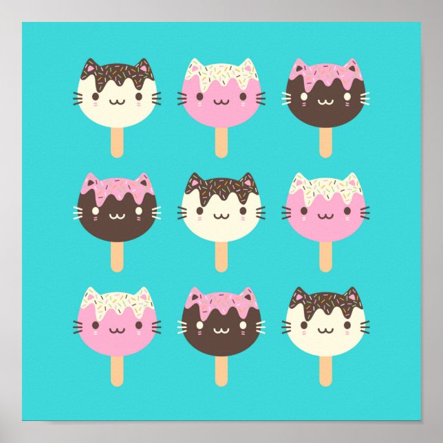 Póster Kawaii Summer Ice Lolly Popsicle Cats (Frente)