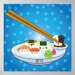Póster Kawaii Sushi Plata Poster