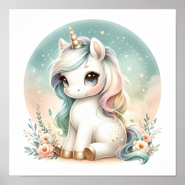 Póster Kawaii Unicornio Magnífico Infantes Florales (Frente)