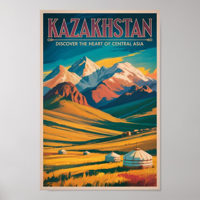 Póster Kazakhstan Steppes Illustration Travel Art Vintage (Frente)
