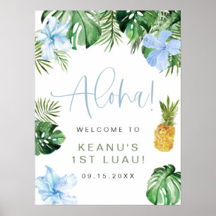 Póster KEANU Azul tropical Hibiscus Luau Primer cumpleaño