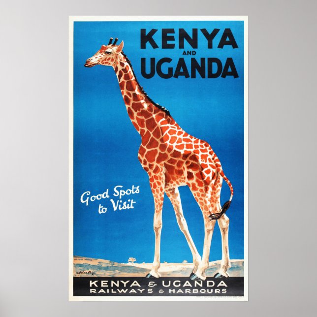 Póster KENIA y UGANDA Turismo de Viejos Animales Safari (Frente)